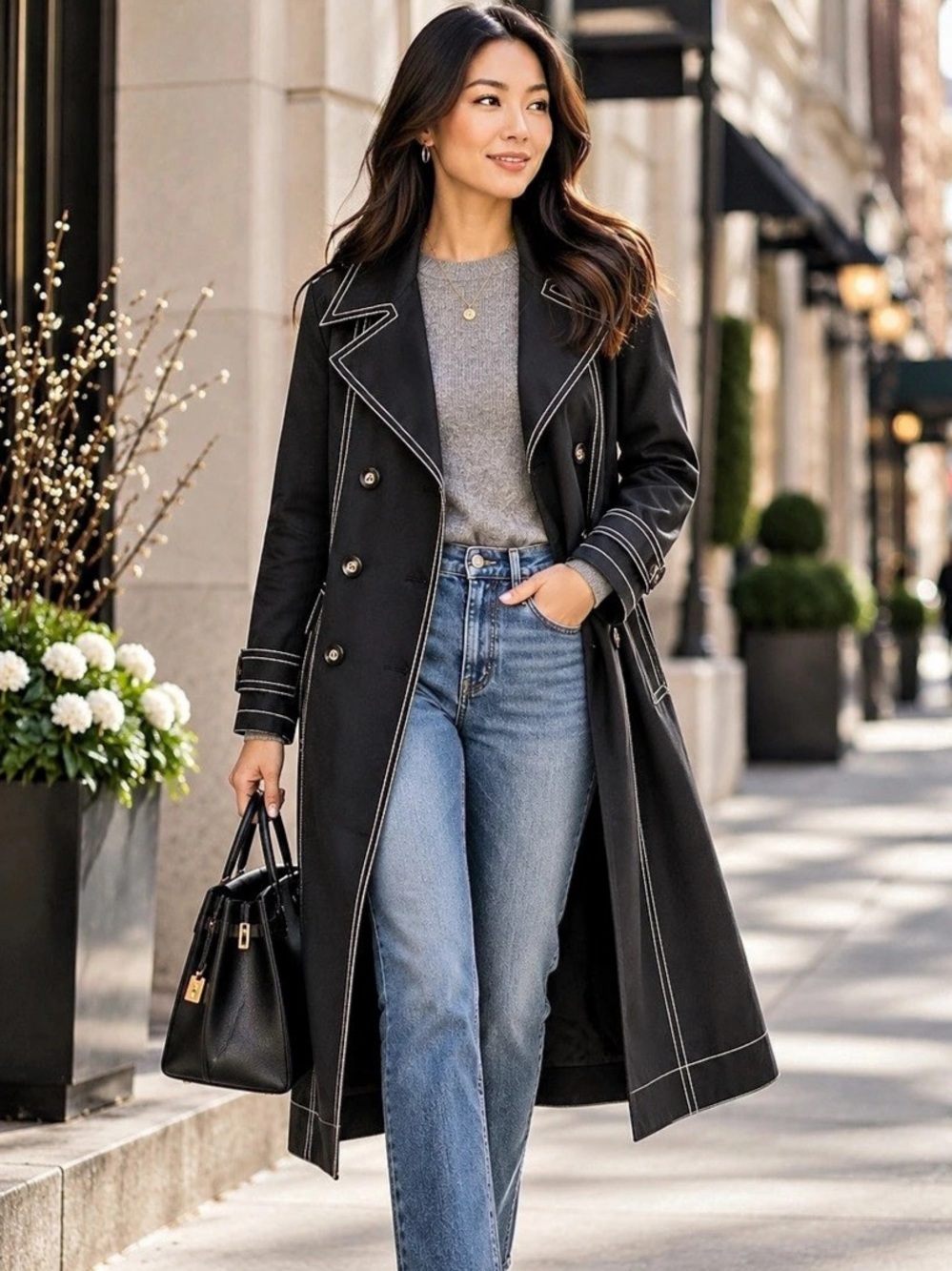 MICHAEL Michael Kors Black Contrast Stitch Trench Coat Size L